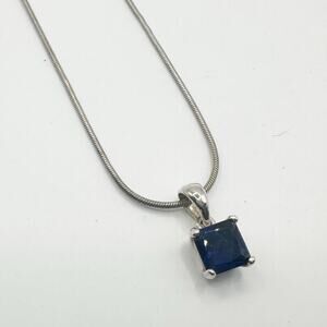 925 Sterling Silver Marked Blue Stone Square Pendant Necklace Vintage Choker